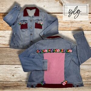 Womens Denim Jacket Trucker Pink Burgundy Corduroy Patchwork Flower Trim Plus 1X